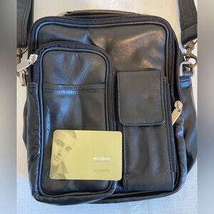 Wilsons Black Leather Double Pocket Travel bag Crossbody NWOT Vintage